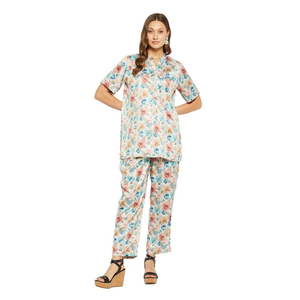 Gypsie Blu Satin Co-Ord Set Floral Printed Pajama Shirt Set for Ladies